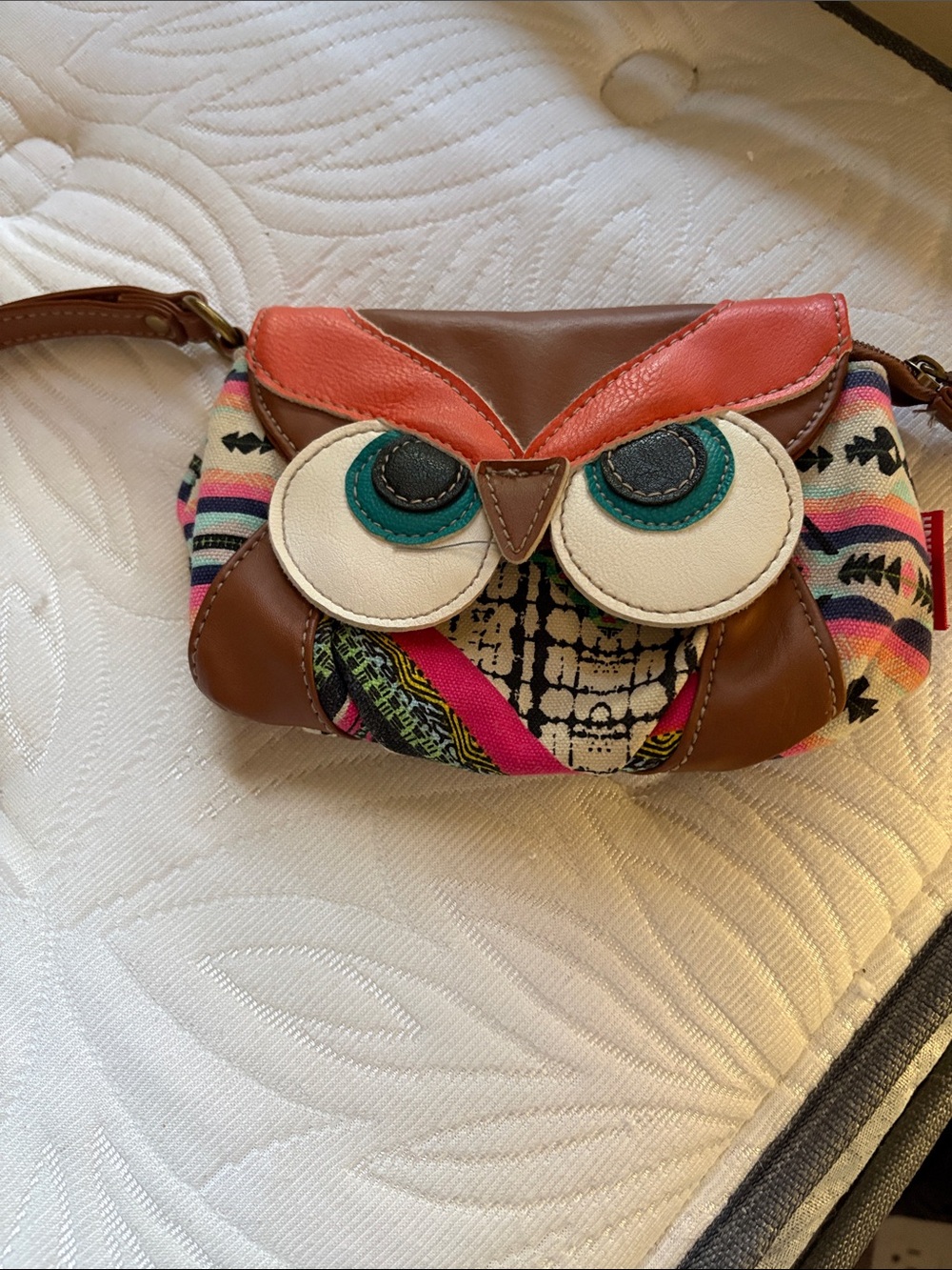 Owl Wristlet Bag in Brown and Coral